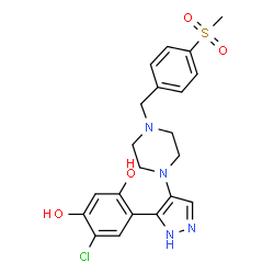 ChemSpider 2D Image | 4-Chloro-6-(4-{4-[4-(methylsulfonyl)benzyl]-1-piperazinyl}-1H-pyrazol-5-yl)-1,3-benzenediol | C21H23ClN4O4S