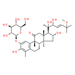 ChemSpider 2D Image | 19-Norcholesta-1,3,5(10),23-tetraen-11-one, 2-(beta-D-glucopyranosyloxy)-3,16,20,22-tetrahydroxy-25-methoxy-4,9,14-trimethyl-, (9beta,16alpha)- | C36H54O12