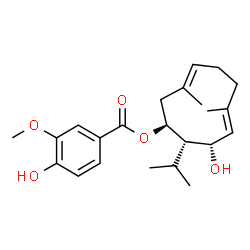 ChemSpider 2D Image | (1S,3E,7E,9S,10S)-9-Hydroxy-10-isopropyl-3,7-dimethyl-3,7-cyclodecadien-1-yl 4-hydroxy-3-methoxybenzoate | C23H32O5