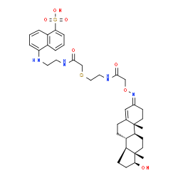 ChemSpider 2D Image | 1-Naphthalenesulfonic acid, 5-((2-((((2-((((((17beta)-17-hydroxyandrost-4-en-3-ylidene)amino)oxy)acetyl)amino)ethyl)thio)acetyl)amino)ethyl)amino)- | C37H50N4O7S2