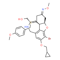 ChemSpider 2D Image | [(4aR,6E,8R,8aR,10S)-3-Bromo-2-(cyclopropylmethoxy)-8-[(4-methoxybenzyl)sulfanyl]-6-(methoxyimino)-5,6,7,8,9,10,11,12-octahydro-4aH-[1]benzofuro[3a,3,2-ef][2]benzazepin-10-yl]methanol | C29H35BrN2O5S