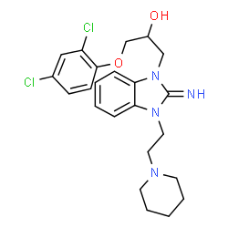 ChemSpider 2D Image | 1-(2,4-Dichlorophenoxy)-3-{2-imino-3-[2-(1-piperidinyl)ethyl]-2,3-dihydro-1H-benzimidazol-1-yl}-2-propanol | C23H28Cl2N4O2