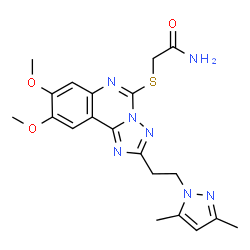 ChemSpider 2D Image | 2-({2-[2-(3,5-Dimethyl-1H-pyrazol-1-yl)ethyl]-8,9-dimethoxy[1,2,4]triazolo[1,5-c]quinazolin-5-yl}sulfanyl)acetamide | C20H23N7O3S