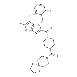 ChemSpider 2D Image | [4-(2-Chloro-6-fluorobenzyl)-2-methyl-4H-furo[3,2-b]pyrrol-5-yl][4-(1,4-dioxa-8-azaspiro[4.5]dec-8-ylcarbonyl)-1-piperidinyl]methanone | C28H31ClFN3O5