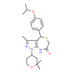ChemSpider 2D Image | 1-(2,2-Dimethyltetrahydro-2H-pyran-4-yl)-4-(4-isopropoxyphenyl)-3-methyl-4,8-dihydro-1H-pyrazolo[3,4-e][1,4]thiazepin-7(6H)-one | C23H31N3O3S