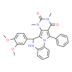 ChemSpider 2D Image | 6-(3,4-Dimethoxyphenyl)-7,9-dimethyl-11-phenyl-6,7-dihydropyrimido[4',5':3,4]pyrrolo[1,2-a]quinoxaline-8,10(5H,9H)-dione | C29H26N4O4