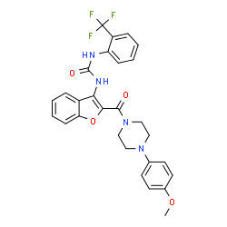 ChemSpider 2D Image | 1-(2-{[4-(4-Methoxyphenyl)-1-piperazinyl]carbonyl}-1-benzofuran-3-yl)-3-[2-(trifluoromethyl)phenyl]urea | C28H25F3N4O4