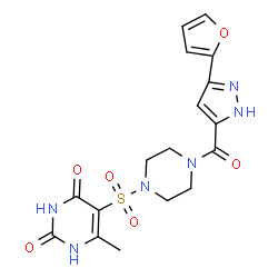 ChemSpider 2D Image | 5-[(4-{[3-(2-Furyl)-1H-pyrazol-5-yl]carbonyl}-1-piperazinyl)sulfonyl]-6-methyl-2,4(1H,3H)-pyrimidinedione | C17H18N6O6S