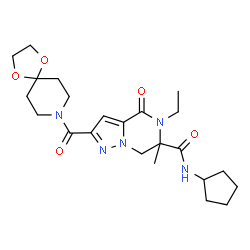 ChemSpider 2D Image | N-Cyclopentyl-2-(1,4-dioxa-8-azaspiro[4.5]dec-8-ylcarbonyl)-5-ethyl-6-methyl-4-oxo-4,5,6,7-tetrahydropyrazolo[1,5-a]pyrazine-6-carboxamide | C23H33N5O5