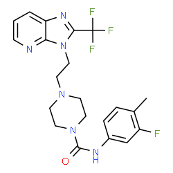 ChemSpider 2D Image | N-(3-Fluoro-4-methylphenyl)-4-{2-[2-(trifluoromethyl)-3H-imidazo[4,5-b]pyridin-3-yl]ethyl}-1-piperazinecarboxamide | C21H22F4N6O