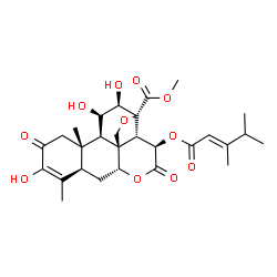 ChemSpider 2D Image | Methyl (11beta,12beta,15beta)-15-{[(2E)-3,4-dimethyl-2-pentenoyl]oxy}-3,11,12-trihydroxy-2,16-dioxo-13,20-epoxypicras-3-en-21-oate | C28H36O11