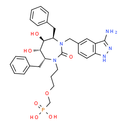 ChemSpider 2D Image | [(3-{(4R,5S,6S,7R)-3-[(3-Amino-1H-indazol-5-yl)methyl]-4,7-dibenzyl-5,6-dihydroxy-2-oxo-1,3-diazepan-1-yl}propoxy)methyl]phosphonic acid | C31H38N5O7P
