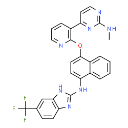 ChemSpider 2D Image | N-[4-({3-[2-(Methylamino)-4-pyrimidinyl]-2-pyridinyl}oxy)-1-naphthyl]-6-(trifluoromethyl)-1H-benzimidazol-2-amine | C28H20F3N7O