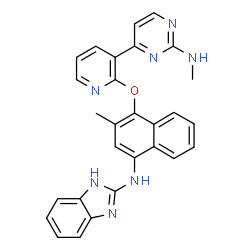 ChemSpider 2D Image | N-[3-Methyl-4-({3-[2-(methylamino)-4-pyrimidinyl]-2-pyridinyl}oxy)-1-naphthyl]-1H-benzimidazol-2-amine | C28H23N7O
