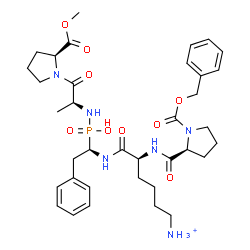 ChemSpider 2D Image | Methyl N-{[(1R)-1-({1-[(benzyloxy)carbonyl]-L-prolyl-6-ammonio-L-norleucyl}amino)-2-phenylethyl](hydroxy)phosphoryl}-L-alanyl-L-prolinate | C36H52N6O9P