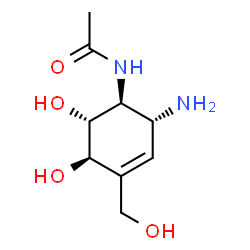 ChemSpider 2D Image | N-[(1S,2R,5R,6R)-2-Amino-5,6-dihydroxy-4-(hydroxymethyl)-3-cyclohexen-1-yl]acetamide | C9H16N2O4