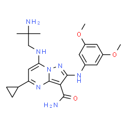 ChemSpider 2D Image | 7-[(2-Amino-2-methylpropyl)amino]-5-cyclopropyl-2-[(3,5-dimethoxyphenyl)amino]pyrazolo[1,5-a]pyrimidine-3-carboxamide | C22H29N7O3
