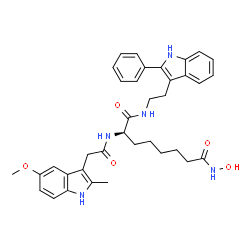 ChemSpider 2D Image | (2R)-N~8~-Hydroxy-2-{[(5-methoxy-2-methyl-1H-indol-3-yl)acetyl]amino}-N~1~-[2-(2-phenyl-1H-indol-3-yl)ethyl]octanediamide | C36H41N5O5