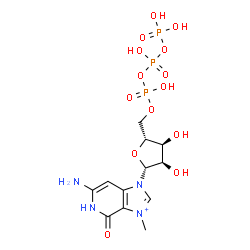 ChemSpider 2D Image | 6-Amino-1-[5-O-(hydroxy{[hydroxy(phosphonooxy)phosphoryl]oxy}phosphoryl)-beta-D-ribofuranosyl]-3-methyl-4-oxo-4,5-dihydro-1H-imidazo[4,5-c]pyridin-3-ium | C12H20N4O14P3