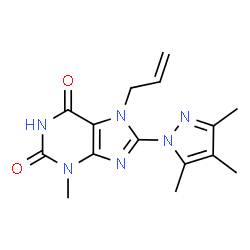 ChemSpider 2D Image | 7-Allyl-3-methyl-8-(3,4,5-trimethyl-1H-pyrazol-1-yl)-3,7-dihydro-1H-purine-2,6-dione | C15H18N6O2