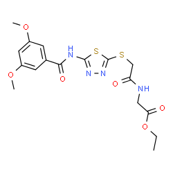 ChemSpider 2D Image | Ethyl N-[({5-[(3,5-dimethoxybenzoyl)amino]-1,3,4-thiadiazol-2-yl}sulfanyl)acetyl]glycinate | C17H20N4O6S2