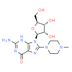 ChemSpider 2D Image | 2-Amino-8-(4-methyl-1-piperazinyl)-9-(beta-L-ribofuranosyl)-3,9-dihydro-6H-purin-6-one | C15H23N7O5