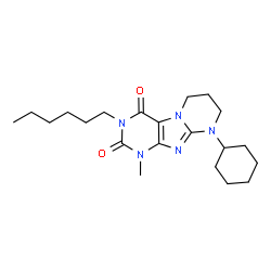 ChemSpider 2D Image | 9-Cyclohexyl-3-hexyl-1-methyl-6,7,8,9-tetrahydropyrimido[2,1-f]purine-2,4(1H,3H)-dione | C21H33N5O2