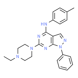 ChemSpider 2D Image | 6-(4-Ethyl-1-piperazinyl)-N-(4-methylphenyl)-1-phenyl-1H-pyrazolo[3,4-d]pyrimidin-4-amine | C24H27N7