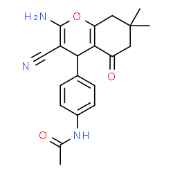 ChemSpider 2D Image | N-[4-(2-Amino-3-cyano-7,7-dimethyl-5-oxo-5,6,7,8-tetrahydro-4H-chromen-4-yl)phenyl]acetamide | C20H21N3O3