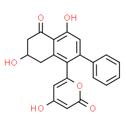 ChemSpider 2D Image | 6-(4,7-Dihydroxy-5-oxo-2-phenyl-5,6,7,8-tetrahydro-1-naphthalenyl)-4-hydroxy-2H-pyran-2-one | C21H16O6
