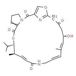 ChemSpider 2D Image | (10R,11R,12E,19E,21S)-21-Hydroxy-10-isopropyl-11,19-dimethyl-9,26-dioxa-3,15,28-triazatricyclo[23.2.1.0~3,7~]octacosa-1(27),6,12,17,19,25(28)-hexaene-2,8,14,23-tetrone | C28H35N3O7