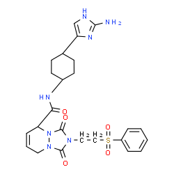 ChemSpider 2D Image | N-[4-(2-Amino-1H-imidazol-4-yl)cyclohexyl]-1,3-dioxo-2-[2-(phenylsulfonyl)ethyl]-2,3,5,8-tetrahydro-1H-[1,2,4]triazolo[1,2-a]pyridazine-5-carboxamide | C24H29N7O5S