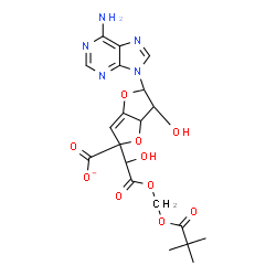 ChemSpider 2D Image | 9-[3,6-Anhydro-6-carboxylato-5-deoxy-6-(2-{[(2,2-dimethylpropanoyl)oxy]methoxy}-1-hydroxy-2-oxoethyl)hex-4-enofuranosyl]-9H-purin-6-amine | C20H22N5O10