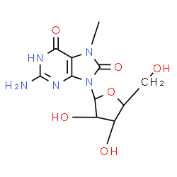ChemSpider 2D Image | 2-Amino-7-methyl-9-pentofuranosyl-7,9-dihydro-1H-purine-6,8-dione | C11H15N5O6
