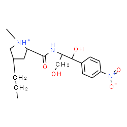 ChemSpider 2D Image | 2-{[1,3-Dihydroxy-1-(4-nitrophenyl)-2-propanyl]carbamoyl}-1-methyl-4-propylpyrrolidinium | C18H28N3O5