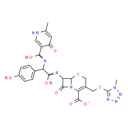 ChemSpider 2D Image | 7-{[(4-Hydroxyphenyl){[(6-methyl-4-oxo-1,4-dihydro-3-pyridinyl)carbonyl]amino}acetyl]amino}-3-{[(1-methyl-1H-tetrazol-5-yl)sulfanyl]methyl}-8-oxo-5-thia-1-azabicyclo[4.2.0]oct-2-ene-2-carboxylate | C25H23N8O7S2