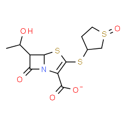 ChemSpider 2D Image | 6-(1-Hydroxyethyl)-3-[(1-oxidotetrahydro-3-thiophenyl)sulfanyl]-7-oxo-4-thia-1-azabicyclo[3.2.0]hept-2-ene-2-carboxylate | C12H14NO5S3