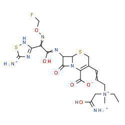 ChemSpider 2D Image | 3-{3-[(2-Ammonio-2-oxoethyl)(ethyl)methylammonio]-1-propen-1-yl}-7-({(5-ammonio-1,2,4-thiadiazol-3-yl)[(fluoromethoxy)imino]acetyl}amino)-8-oxo-5-thia-1-azabicyclo[4.2.0]oct-2-ene-2-carboxylate | C20H27FN8O6S2