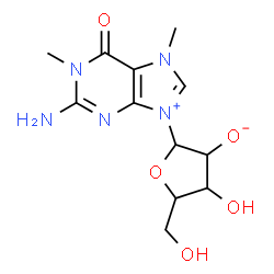ChemSpider 2D Image | 2-(2-Amino-1,7-dimethyl-6-oxo-6,7-dihydro-1H-purin-9-ium-9-yl)-4-hydroxy-5-(hydroxymethyl)tetrahydro-3-furanolate | C12H17N5O5