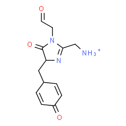 ChemSpider 2D Image | {5-Oxo-4-[(4-oxo-2,5-cyclohexadien-1-yl)methyl]-1-(2-oxoethyl)-4,5-dihydro-1H-imidazol-2-yl}methanaminium | C13H16N3O3