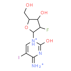 ChemSpider 2D Image | 4-Ammonio-1-(2-deoxy-2-fluoropentofuranosyl)-5-iodo-2-oxo-1,2-dihydropyrimidin-1-ium | C9H13FIN3O4