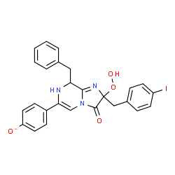 ChemSpider 2D Image | 4-[8-Benzyl-2-hydroperoxy-2-(4-iodobenzyl)-3-oxo-2,3,7,8-tetrahydroimidazo[1,2-a]pyrazin-6-yl]phenolate | C26H21IN3O4