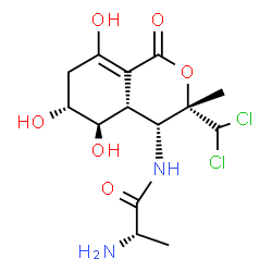 ChemSpider 2D Image | N-[(3S,4R,4aR,5R,6R)-3-(Dichloromethyl)-5,6,8-trihydroxy-3-methyl-1-oxo-3,4,4a,5,6,7-hexahydro-1H-isochromen-4-yl]-L-alaninamide | C14H20Cl2N2O6