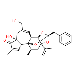 ChemSpider 2D Image | (1R,2R,6R,10S,11R,13S,15R,17R)-13-Benzyl-6-hydroxy-8-(hydroxymethyl)-15-isopropenyl-4,17-dimethyl-12,14,18-trioxapentacyclo[11.4.1.0~1,10~.0~2,6~.0~11,15~]octadeca-3,8-dien-5-one | C28H32O6