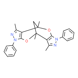 ChemSpider 2D Image | 1,3,8,10-Tetramethyl-5,12-diphenyl-7,14-dioxa-4,5,11,12-tetraazatetracyclo[6.6.1.0~2,6~.0~9,13~]pentadeca-2(6),3,9(13),10-tetraene | C25H24N4O2