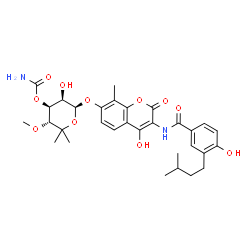 ChemSpider 2D Image | (3R,4S,5R,6S)-5-Hydroxy-6-[(4-hydroxy-3-{[4-hydroxy-3-(3-methylbutyl)benzoyl]amino}-8-methyl-2-oxo-2H-chromen-7-yl)oxy]-3-methoxy-2,2-dimethyltetrahydro-2H-pyran-4-yl carbamate | C31H38N2O11