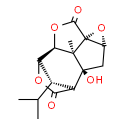 ChemSpider 2D Image | (1R,3S,5R,8S,9S,12R,13R,14S)-1-Hydroxy-14-isopropyl-13-methyl-4,7,10-trioxapentacyclo[6.4.1.1~9,12~.0~3,5~.0~5,13~]tetradecane-6,11-dione | C15H18O6