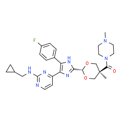 ChemSpider 2D Image | {trans-2-[4-{2-[(Cyclopropylmethyl)amino]-4-pyrimidinyl}-5-(4-fluorophenyl)-1H-imidazol-2-yl]-5-methyl-1,3-dioxan-5-yl}(4-methyl-1-piperazinyl)methanone | C28H34FN7O3