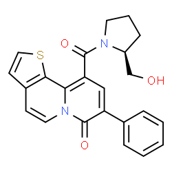 ChemSpider 2D Image | 10-{[(2S)-2-(Hydroxymethyl)-1-pyrrolidinyl]carbonyl}-8-phenyl-7H-thieno[2,3-a]quinolizin-7-one | C23H20N2O3S
