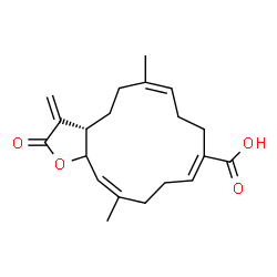 ChemSpider 2D Image | (3aS,6Z,10E,14Z)-6,14-Dimethyl-3-methylene-2-oxo-2,3,3a,4,5,8,9,12,13,15a-decahydrocyclotetradeca[b]furan-10-carboxylic acid | C20H26O4